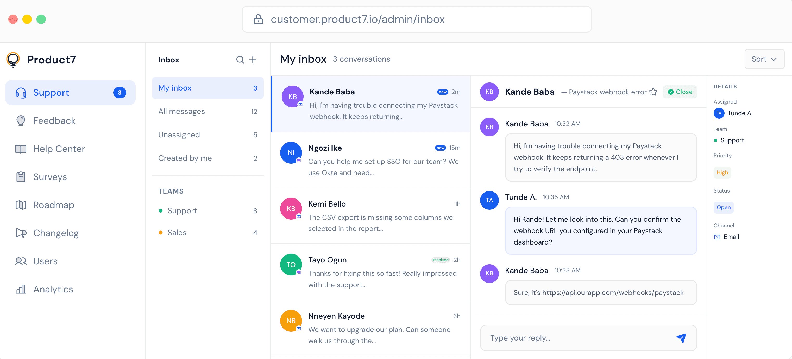 Product7 Support Inbox Preview